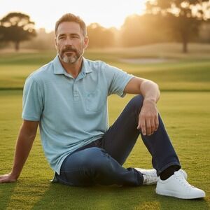 Johnnie-O Hangin Out Mens XL Polo Shirt Light Blue White Striped Short Sleeve